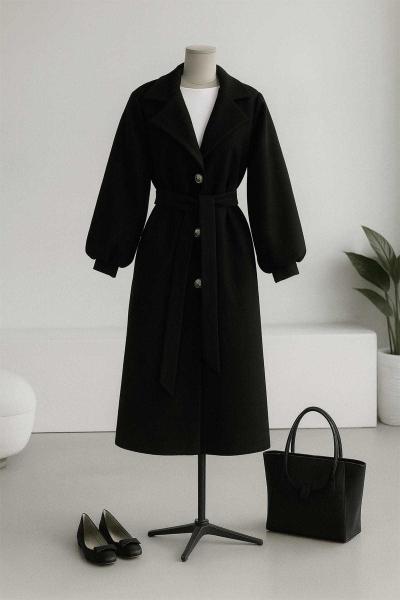 Üç Düğmeli Balon Kollu Kuşaklı Kaşe Kaban Siyah