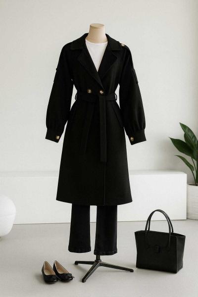 Apoletli Kuşaklı Kaşe Kaban Siyah