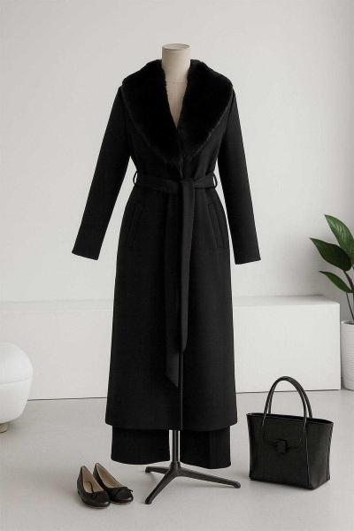 Şal Yaka Kürk Yan Cepli Kaşe Kaban Siyah