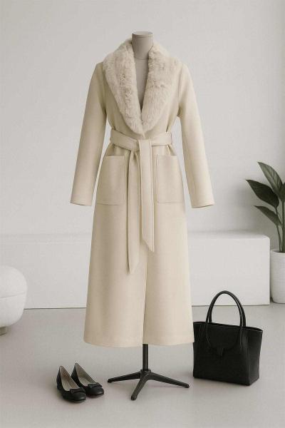 Şal Yaka Kürk Çift Cepli Kaşe Kaban Taş