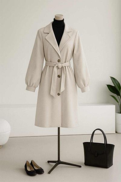 Üç Düğmeli Balon Kollu Kuşaklı Kaşe Kaban Taş