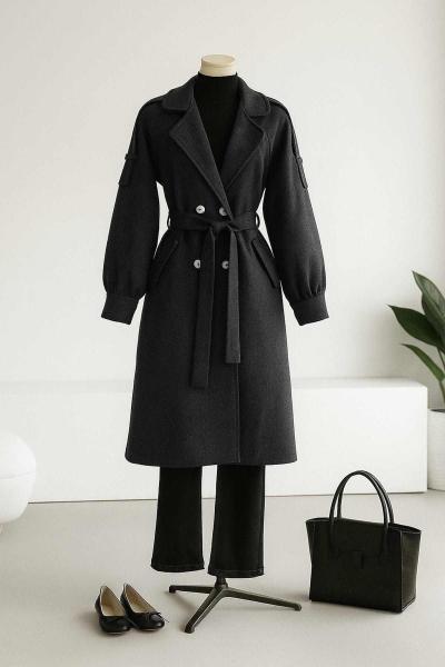 Apoletli Kuşaklı Kaşe Kaban Antrasit