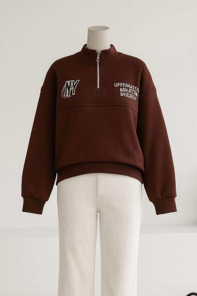 Yarım Fermuarlı Ny Ön Arka Baskılı Üç İplik Sweat Kahve