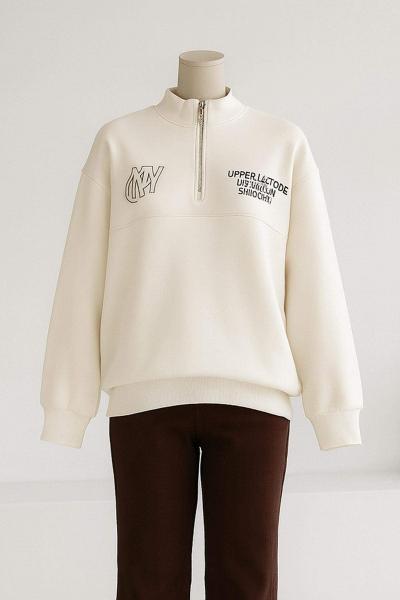 Yarım Fermuarlı Ny Ön Arka Baskılı Üç İplik Sweat Taş