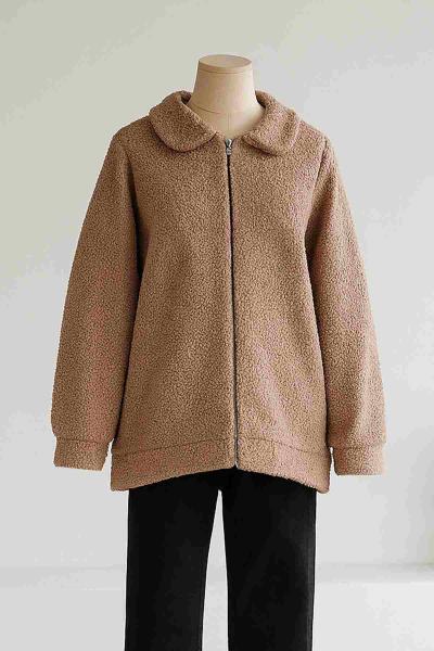 Fermuarlı Yan Cepli Bebe Yaka Buklet Ceket Camel