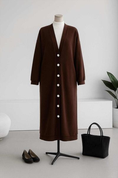 Yedi Düğmeli Selanik Uzun Hırka Kahve