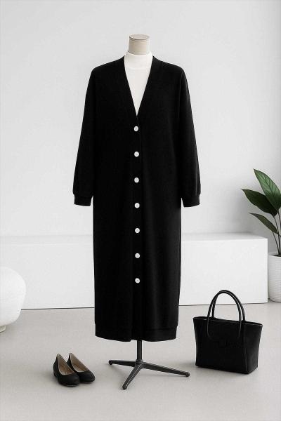 Yedi Düğmeli Selanik Uzun Hırka Siyah