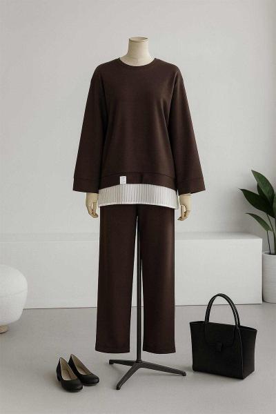 Üstü Pilise Garnili Pantolonlu Aysho Takım Kahve