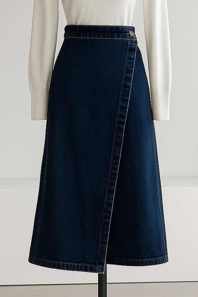 Kapaklı Uzun Boy Kot Etek Koyu Mavi