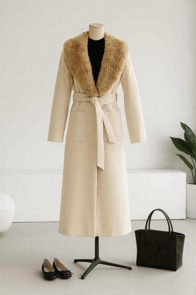 Şal Yaka Kürk Çift Cepli Kaşe Kaban Bej