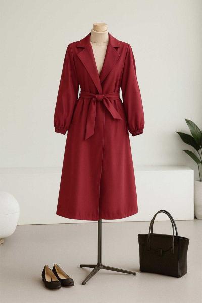 Kol Uçları Lastikli Kuşaklı Trençkot Bordo