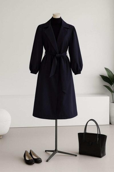 Kol Uçları Lastikli Kuşaklı Trençkot Lacivert