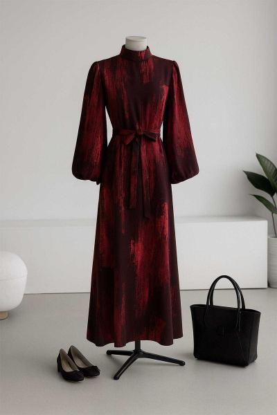 Balon Kollu Kuşaklı Desenli Elbise Bordo