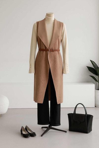 Büyük Yakalı Kemerli Uzun Buklet Yelek Camel