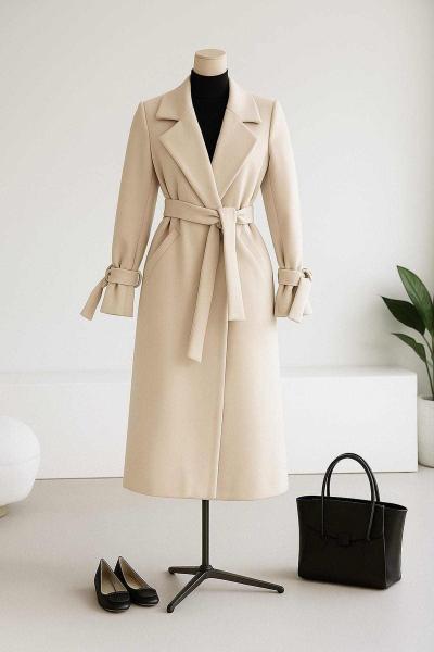Kolları Beli Kuşaklı New Kaşe Kaban Bej