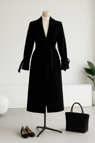 Kolları Beli Kuşaklı New Kaşe Kaban Siyah