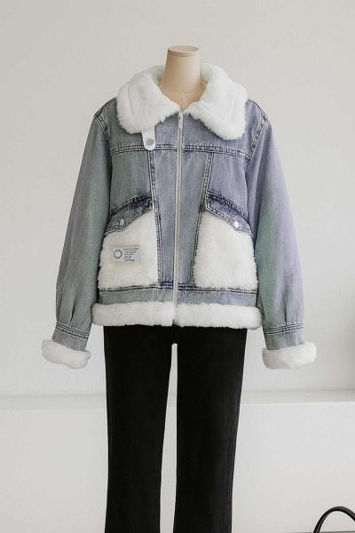 Çift Cepli Peluş Garnili Kot Mont Açık Mavi