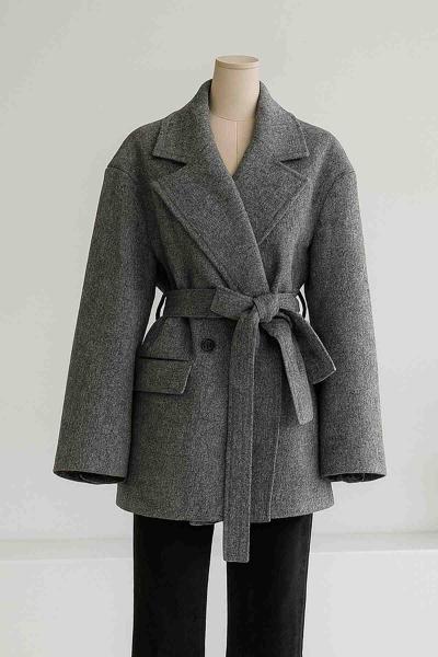 Geniş Kollu Kuşaklı Oversıze Kaşe Ceket Gri