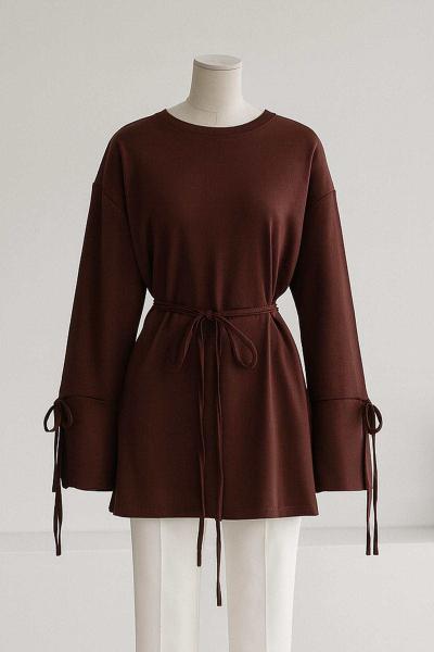 Kolları Bağlamalı İnce Kuşaklı Modal İkiip Tunik Koyu Kahve