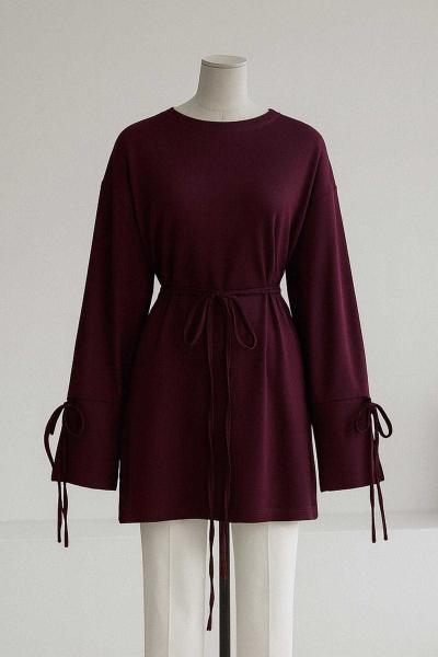 Kolları Bağlamalı İnce Kuşaklı Modal İkiip Tunik Mürdüm