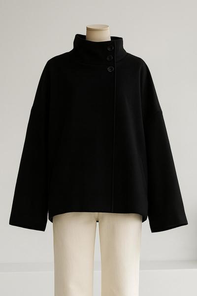 Dik Yaka Düğmeli Oversıze Kaşe Kısa Kaban Siyah
