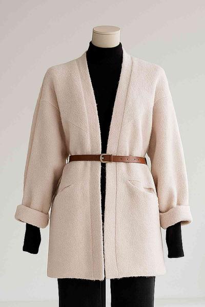 Çapraz Dikişli Düğmesiz Kemerli Oversıze Buklet Ceket Taş