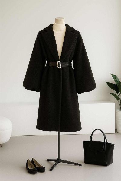 Beli Deri Kemerli Balon Kol Yünlü Kaşe Kaban Antrasit