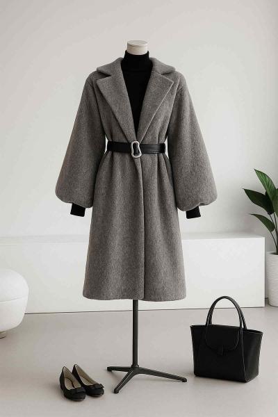 Beli Deri Kemerli Balon Kol Yünlü Kaşe Kaban Füme