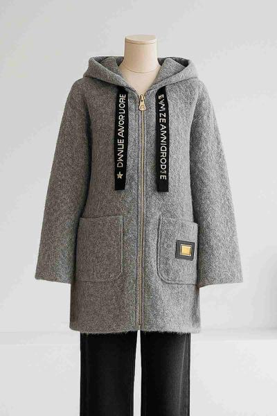 Kapşonlu Armalı Melanj Kaşe Kaban Gri