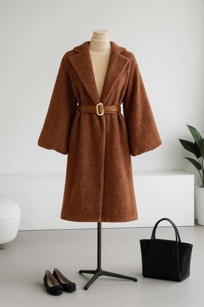 Beli Deri Kemerli Balon Kol Yünlü Kaşe Kaban Kahve