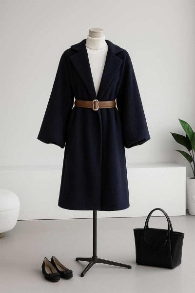 Beli Deri Kemerli Balon Kol Yünlü Kaşe Kaban Lacivert