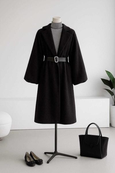 Beli Deri Kemerli Balon Kol Yünlü Kaşe Kaban Siyah