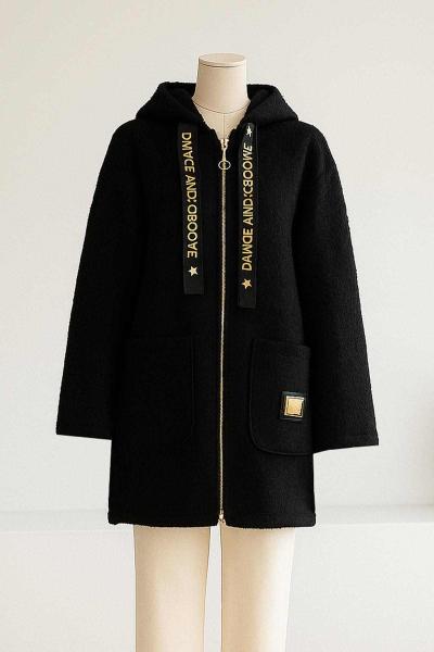 Kapşonlu Armalı Melanj Kaşe Kaban Siyah