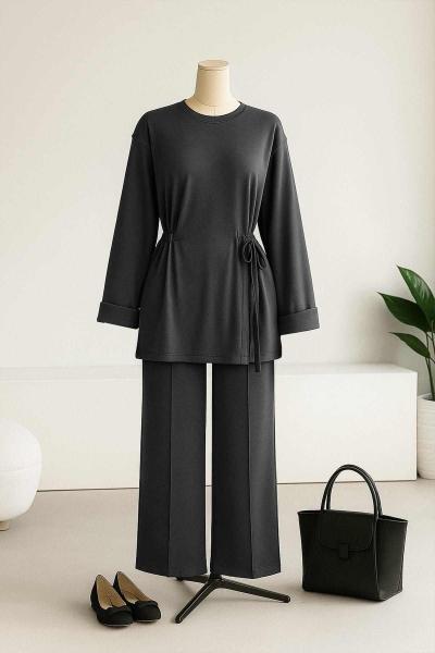 Önü V Bağlamalı Tünelli Pantolonlu Oysho Takım Füme