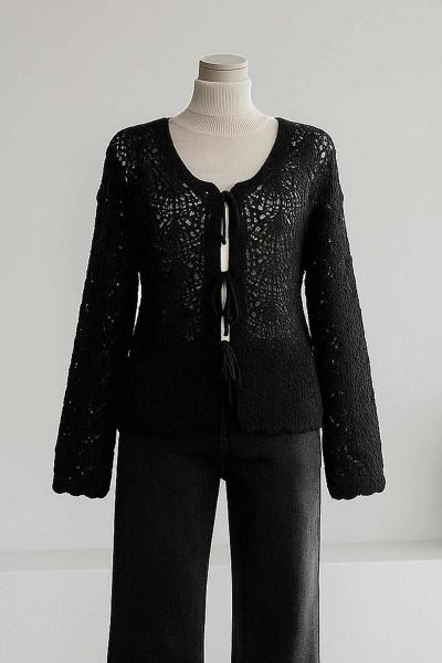 Üç Bağlamalı Ajurlu Triko Hırka Siyah