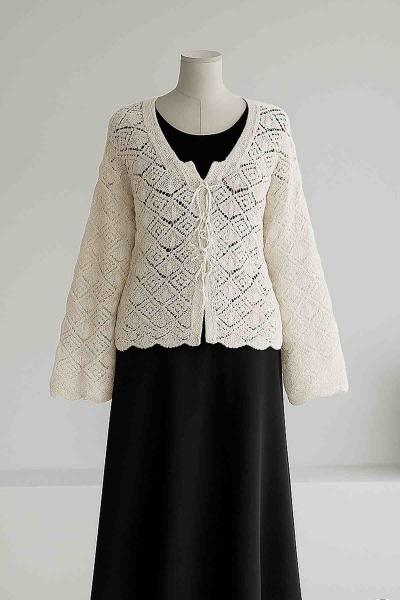 Ajurlu Bağlamalı Triko Hırka Taş