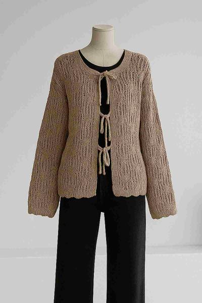 Üç Bağlamalı Ajurlu Triko Hırka Vizon