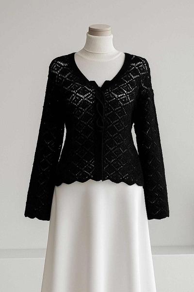 Ajurlu Bağlamalı Triko Hırka Siyah