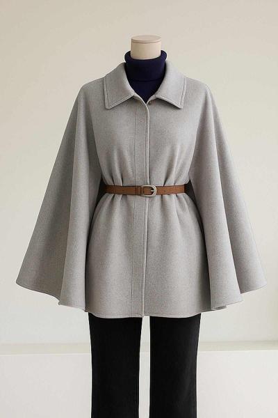 Deri Kemerli Oversıze Kaşe Panço Açık Gri