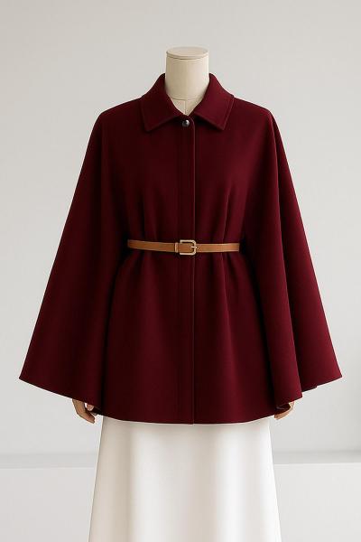 Deri Kemerli Oversıze Kaşe Panço Bordo