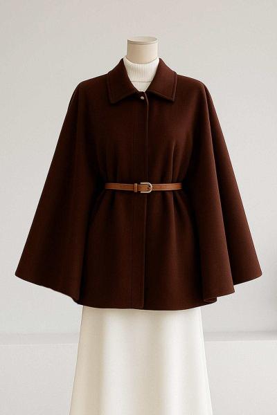 Deri Kemerli Oversıze Kaşe Panço Kahve