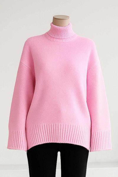 Sıfır Yaka Basıc Triko Tunik Pembe