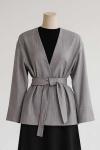 Yakasız Kuşaklı Oversıze Kaşe Ceket Gri