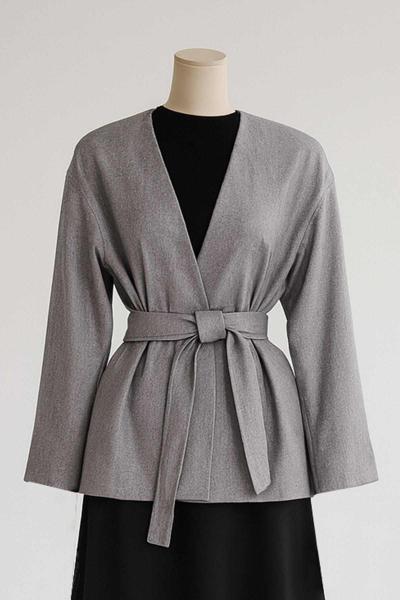 Yakasız Kuşaklı Oversıze Kaşe Ceket Gri