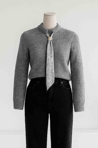 Fularlı Triko Kazak Gri