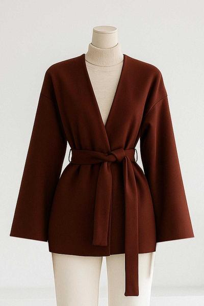 Yakasız Kuşaklı Oversıze Kaşe Ceket Kahve