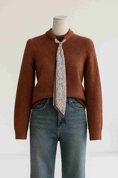 Fularlı Triko Kazak Kahve