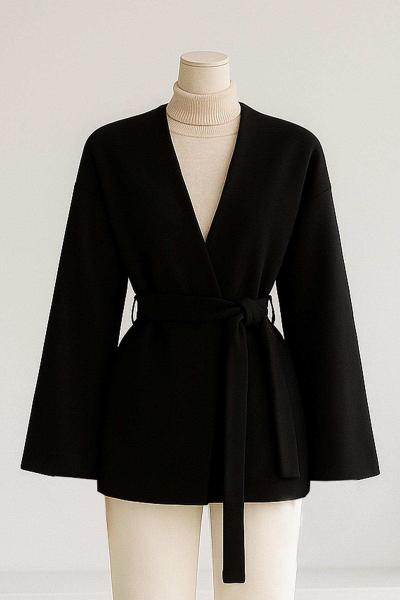 Yakasız Kuşaklı Oversıze Kaşe Ceket Siyah