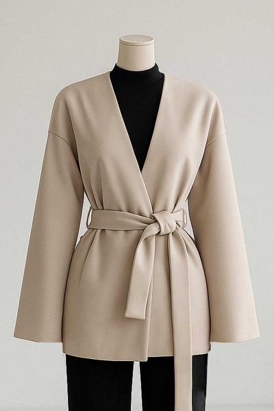 Yakasız Kuşaklı Oversıze Kaşe Ceket Taş