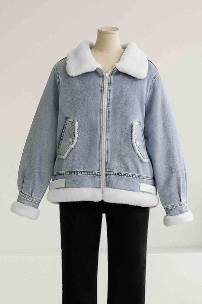 Kürk Detaylı Fermuarlı Kot Mont Açık Mavi